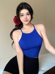 DAZY Women Solid Color Ribbed Slim Fit Camisole Top, Summer Tank Tops - Royal Blue - View 3