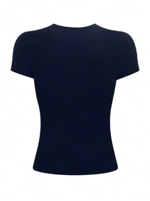 INAWLY Áo thun nữ mùa hè màu trơn tay ngắn cổ tròn thông thường - Màu xanh hải quân - Xem 2