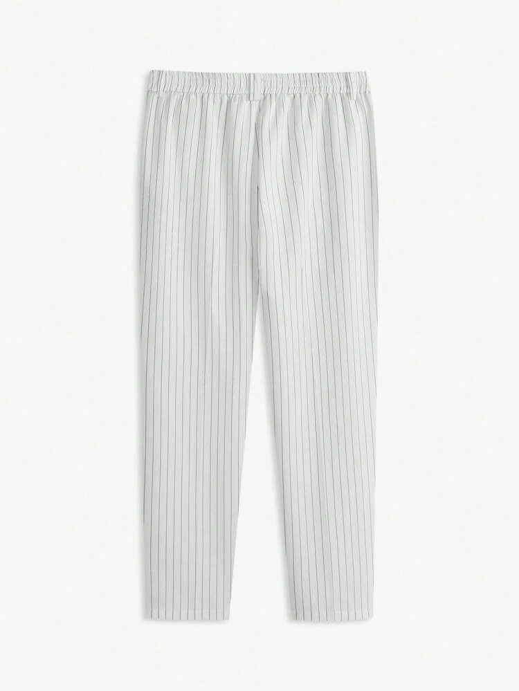Men's Easy Care Slim Fit Mid-Waist Straight Casual White Striped Suit Pants, Suitable For Spring Summer