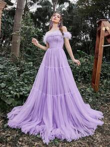 Faeriesty Luxe Gorgeous Off Shoulder Mesh Overlay Maxi Prom Dress - Purple - View 5