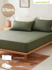 2/3pcs Solid Color Fitted Sheet, Mattress Protector, Mattress Cover, Deep Pocket Fitted Sheet, Soft & Breathable, Fits Twin, Full, Queen, King Size Beds, 14 Inch/35cm Deep Pocket - Olive Green - View 1