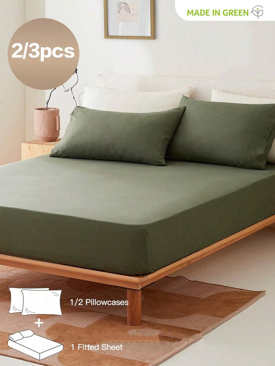 2/3pcs Solid Color Fitted Sheet, Mattress Protector, Mattress Cover, Deep Pocket Fitted Sheet, Soft & Breathable, Fits Twin, Full, Queen, King Size Beds, 14 Inch/35cm Deep Pocket - Olive Green - View 1
