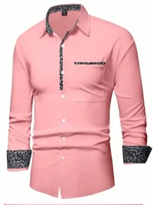 Manfinity Mode Men's Fashionable Casual Printed Patchwork Long Sleeve Shirt, Fall, Pink - Pink - View 3