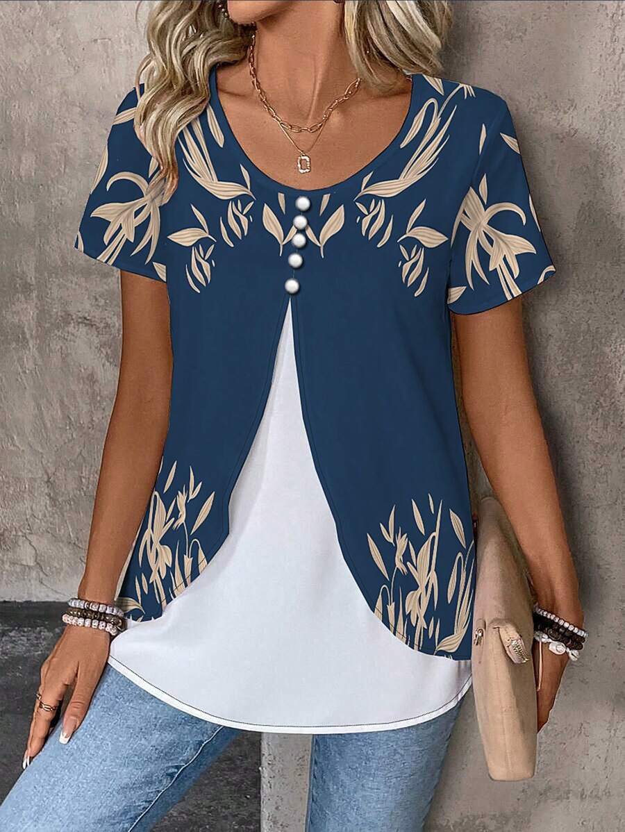 Camiseta 2 en 1 de manga corta con estampado de hojas para mujer - Multicolor - Ver 1