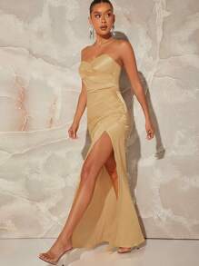 L'Amorae Women's Ruched Tube Dress For Elegant Parties With High Split, Summer - Champagne - View 4