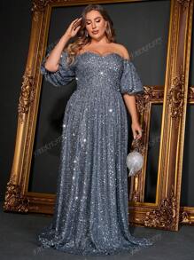 Luxurious Plus-Size Off-The-Shoulder Puff Sleeve A-Line Evening Gown | Sparkling Embellished Formal Dress For Grand Events – Perfect For Black Tie Galas, Red Carpet Evenings, Wedding Guest Attire, Opera Nights & Sophisticated Evening Dinners,Party Dress