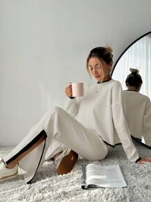 EURMUSE À Bordure Contrastante Épaule tombante Pull & Fendu En Tricot Pantalon