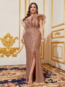 Faeriesty 女士优雅亮片闪亮礼服，荷叶边袖，侧开衩鱼尾设计 | 奢华晚礼服，适合黑领结晚宴、婚礼、戛纳派对、派对礼服、婚礼宾客礼服、正式礼服、夏季度假装 - 香檳色 - 查看 5