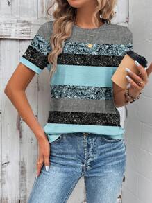 EMERY ROSE Women Casual Glitter Stripe Pattern T-Shirt, Suitable For Summer - Blue - View 9