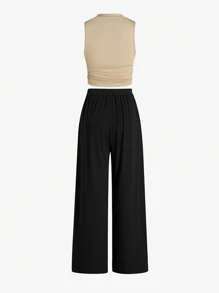 Chiquease Summer Casual Solid Color Slim-Fit Ruched Crop Top And Long Pants Set - Multicolor - View 2