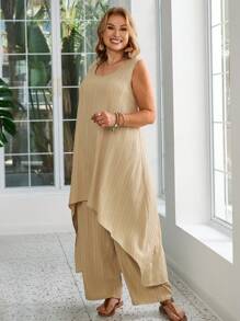 EMERY ROSE 2 pièces Ensemble Top et pantalon décontracté avec encolure ronde sans manches et bas asymétrique, grande taille - Kaki - Voir 3