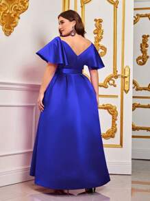 大碼荷葉邊腰帶緞面連衣裙 - 寶藍色 - 查看 2