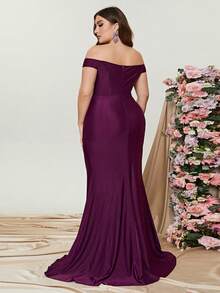 Plus Đầm trễ vai xếp nếp xẻ đùi Đầm dự tiệc Đầm dự tiệc Đầm phù dâu thanh lịch cong - Màu tím - Xem 2