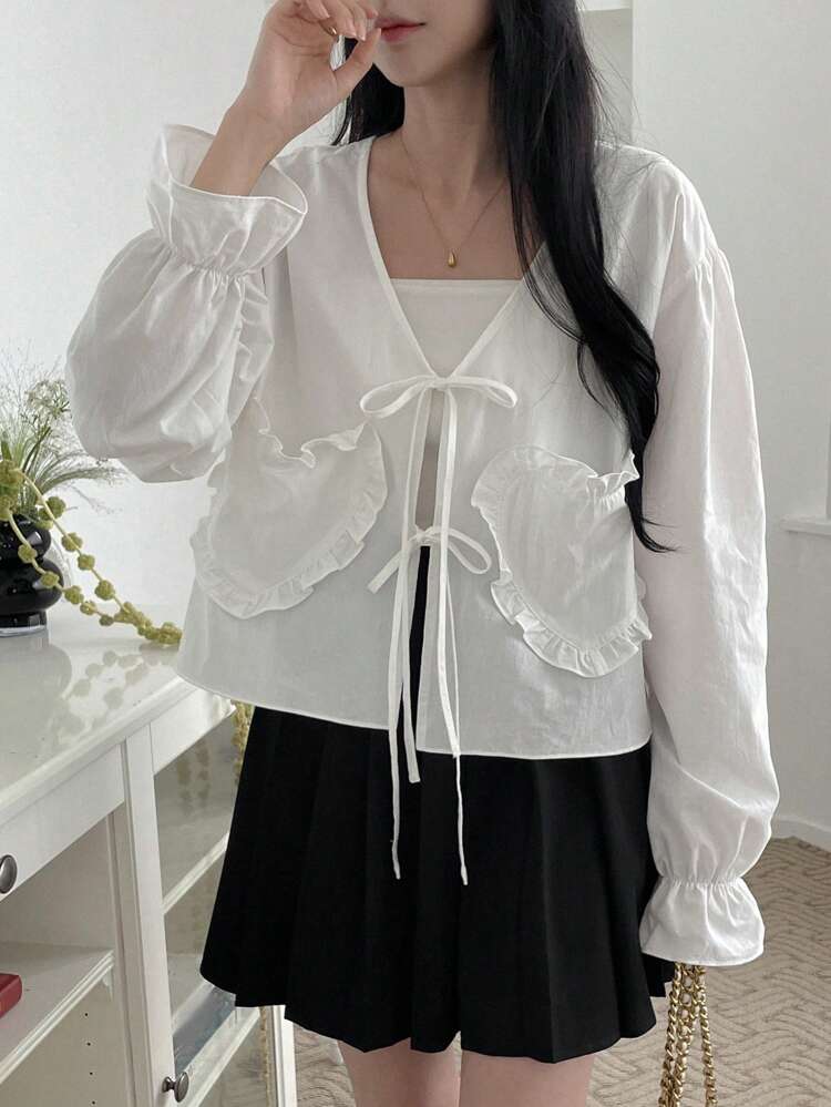 Women's Solid Color Front Tie-Up Frill Trim Loose Fit Long Sleeve Blouse, Spring Summer,Ruffle