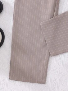 Sparklyn 3 件套 Tween 女童条纹背心、蝴蝶结装饰纯色长袖衬衫和裤子套装 - 卡其色 - 查看 3