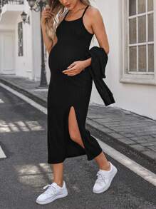 SHEIN 2 件装孕妇纯色基本款开衩吊带连衣裙和长袖开衫套装 - 黑色 - 查看 1