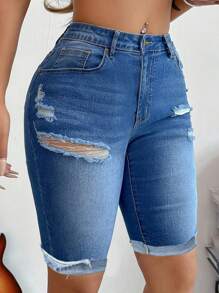 SHEIN SXY Denim-Shorts mit zerrissenem, ausgefranstem Saum - Blau - Übersicht 3