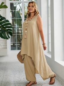 EMERY ROSE 2 pièces Ensemble Top et pantalon décontracté avec encolure ronde sans manches et bas asymétrique, grande taille - Kaki - Voir 6