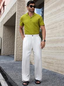 Manfinity Homme Men's Solid Color Pleated Pocket Straight Leg Casual White Linen Pants - Beige - View 4