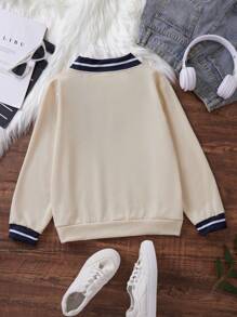 Tween Girls' Casual V-Neck Striped Long Sleeve Loose Sweatshirt, Spring/Fall - Apricot - View 2