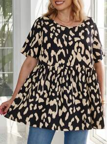 EMERY ROSE Plus Size Nữ Mùa Hè Cổ Tròn Tay Ngắn Họa Tiết Da Báo Áo Babydoll - Nhiều màu - Xem 1