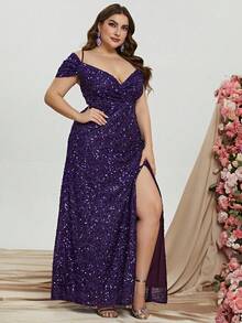 大碼派對露背 交叉 拉鍊 高衩純色連衣裙 - 紫色 - 查看 5