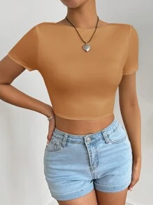 Muchica 女士纯色短袖扭纹后背简约 T 恤，休闲日常穿着