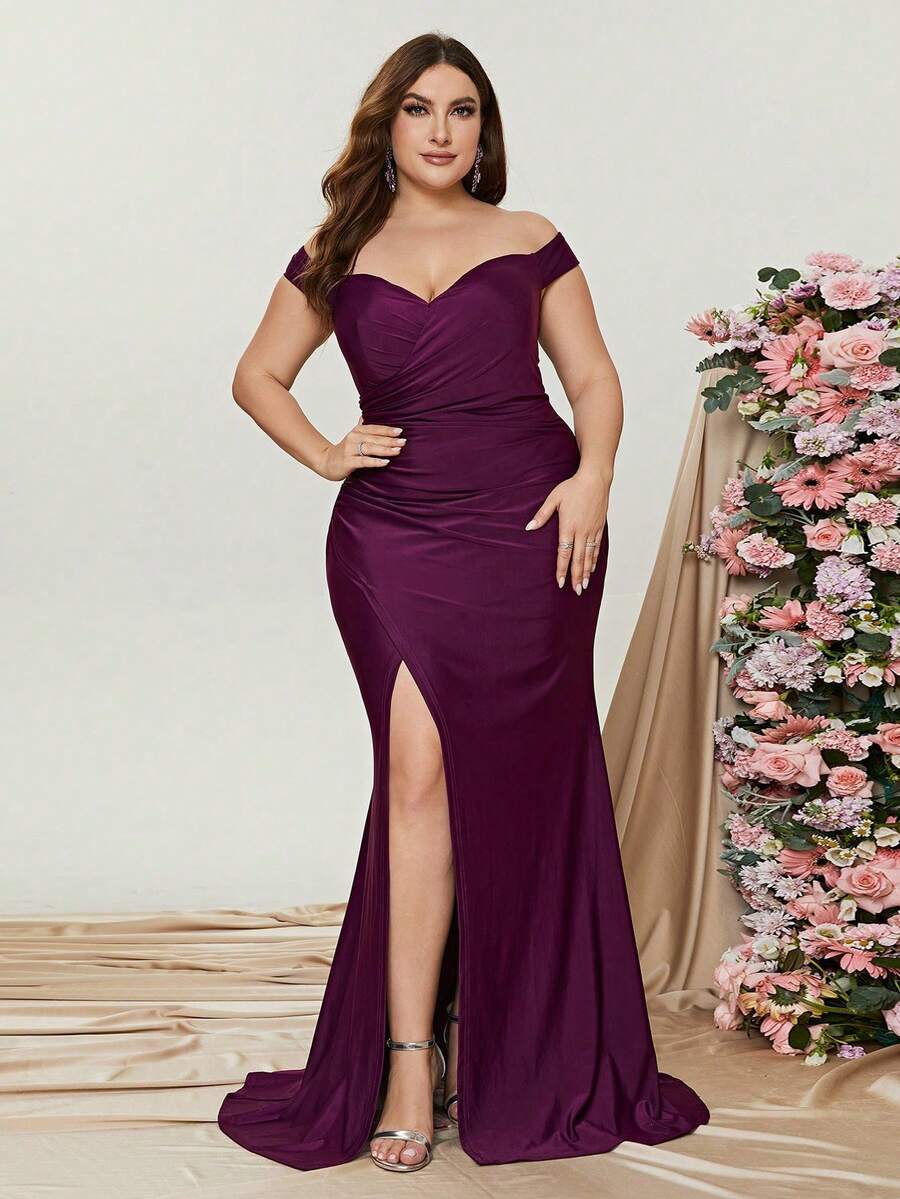 Plus Đầm trễ vai xếp nếp xẻ đùi Đầm dự tiệc Đầm dự tiệc Đầm phù dâu thanh lịch cong - Màu tím - Xem 1