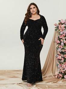 Elegant Plus-Size Evening Gown With Heart-Shaped Neckline & Long Sleeves | Curve-Hugging Mermaid Hem Dress For Formal Events | Luxurious Sparkling Embellishments, Structured Silhouette | Perfect For Galas, Black-Tie Weddings, Charity Fundraisers, Red Carpet Affairs, And High-End Dinner Parties,Party Dress,Wedding Guest - 黑色 - 查看 5