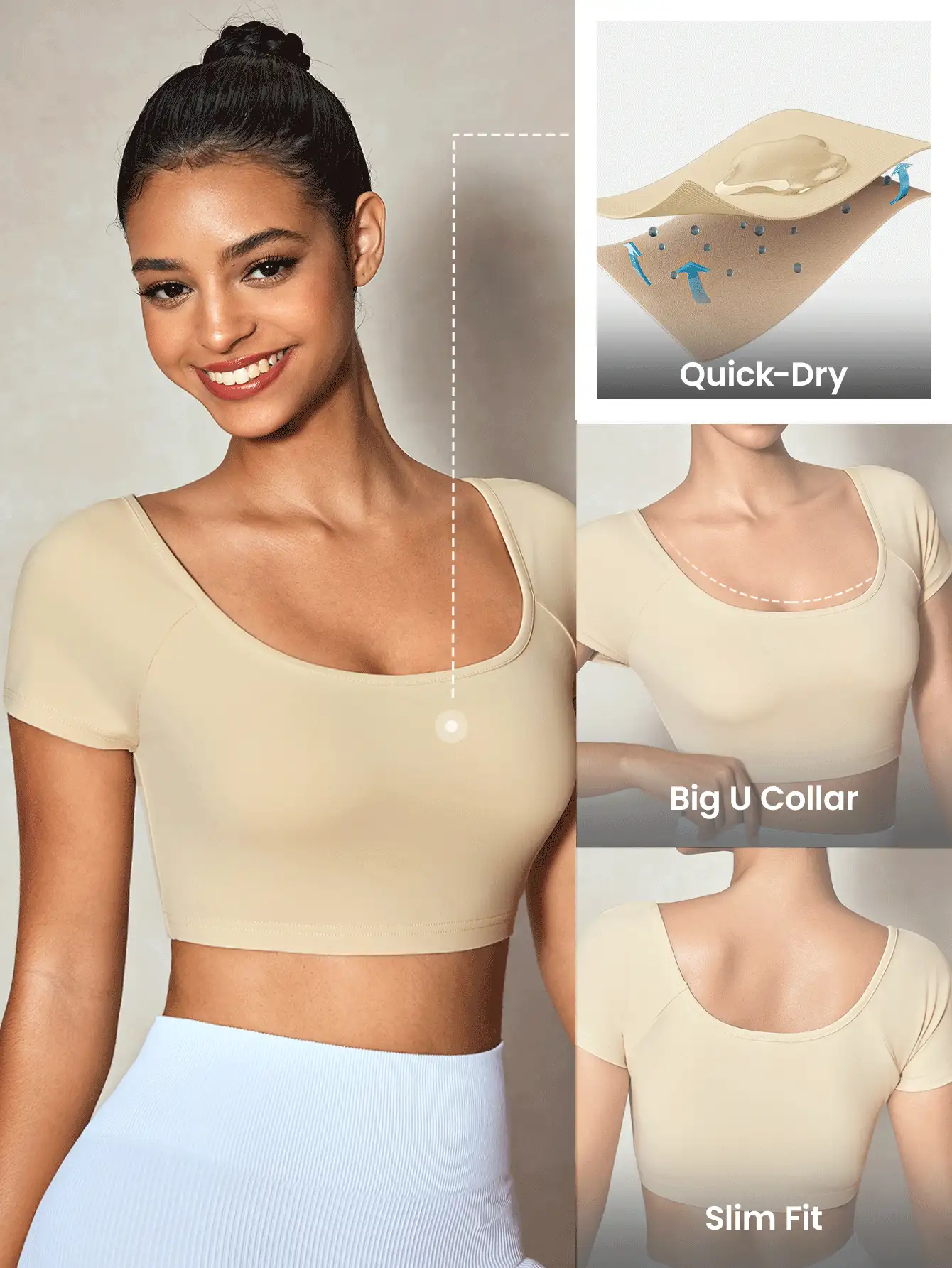 Eassivo Eassivo Women's Scoop Neck Short Sleeve Solid Color Casual Crop Sports T-Shirt, Short Length - Apricot - View 4