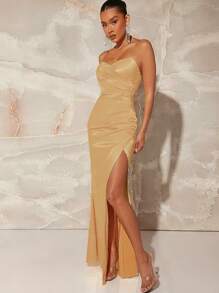 L'Amorae Women's Ruched Tube Dress For Elegant Parties With High Split, Summer - Champagne - View 6