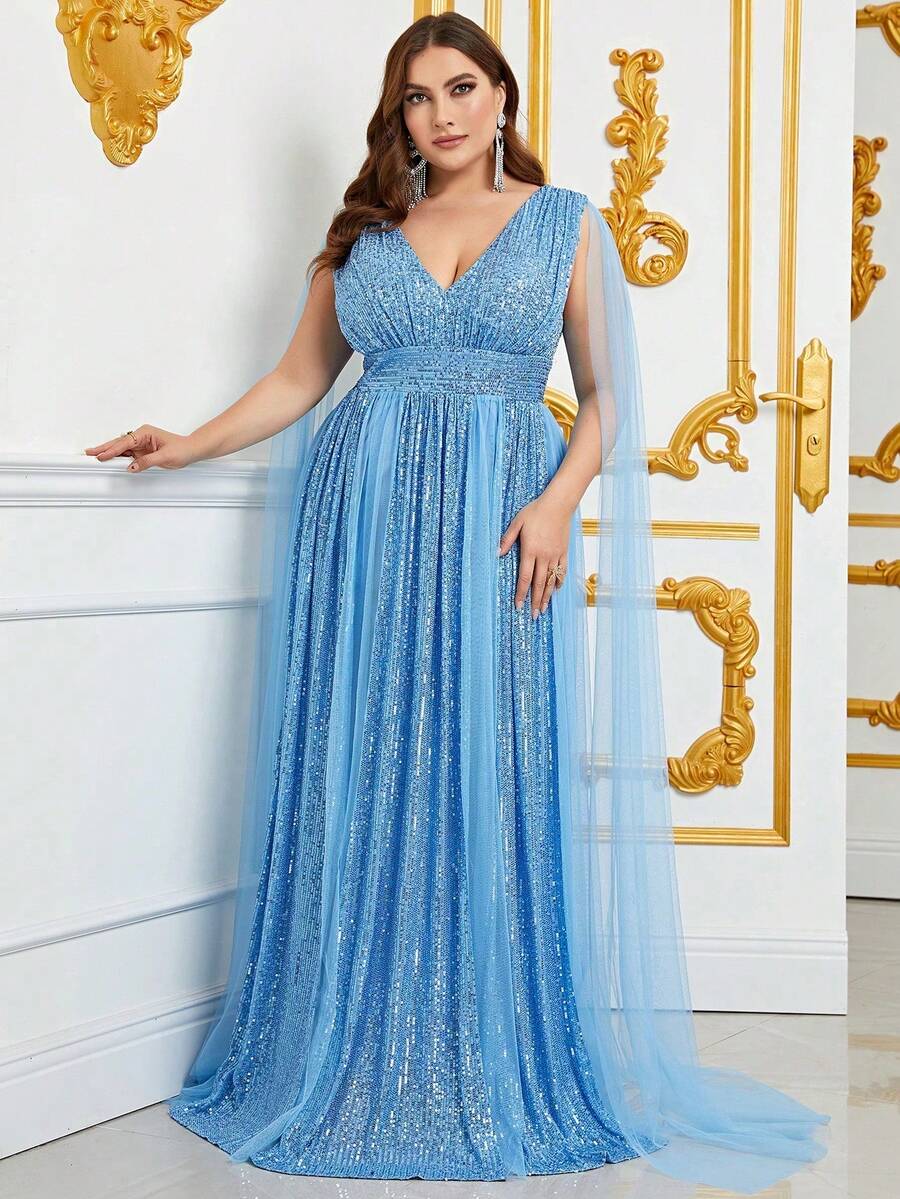 Faeriesty Đầm dạ hội cỡ lớn dành cho nữ, cổ chữ V sâu, tay áo choàng đính sequin, đuôi váy sang trọng - Hoàn hảo cho các buổi dạ tiệc thắt cà vạt đen, sự kiện thảm đỏ, tiệc cưới, tiệc chiêu đãi trang trọng và chụp ảnh cưới. - Màu xanh bạc hà - Xem 1