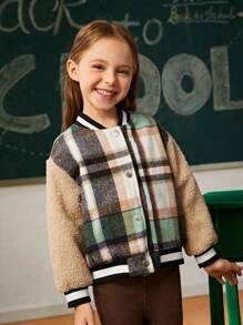 SHEIN Explorewe Chaqueta de forro polar con estampado a cuadros de parche sherpa para niña pequeña, ajuste regular, abrigo acolchado cálido con ribete de canalé - Multicolor - Ver 4