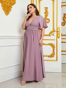 Plus Plunge Neck Butterfly Sleeve Split Thigh Dress - Mauve Purple - View 3