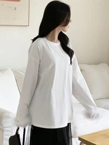 DAZY Women's Solid Color Crew Neck Drop Shoulder Long Sleeve Fluffy Cuff Casual T-Shirt, Spring & Summer