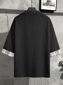 Claim Dot 秋季宽松男士格子袖口 T 恤 - 黑色 - 查看 2