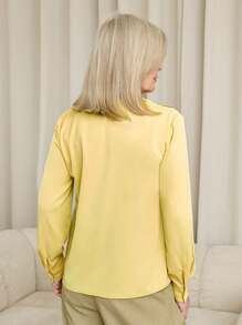 SHEIN LUNE Women's Solid Color V-Neck Long Sleeve Elegant Office Blouse, Spring & Summer - Yellow - View 2