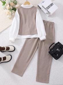 Sparklyn 3 件套 Tween 女童条纹背心、蝴蝶结装饰纯色长袖衬衫和裤子套装 - 卡其色 - 查看 2