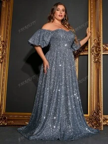 Luxurious Plus-Size Off-The-Shoulder Puff Sleeve A-Line Evening Gown | Sparkling Embellished Formal Dress For Grand Events – Perfect For Black Tie Galas, Red Carpet Evenings, Wedding Guest Attire, Opera Nights & Sophisticated Evening Dinners,Party Dress