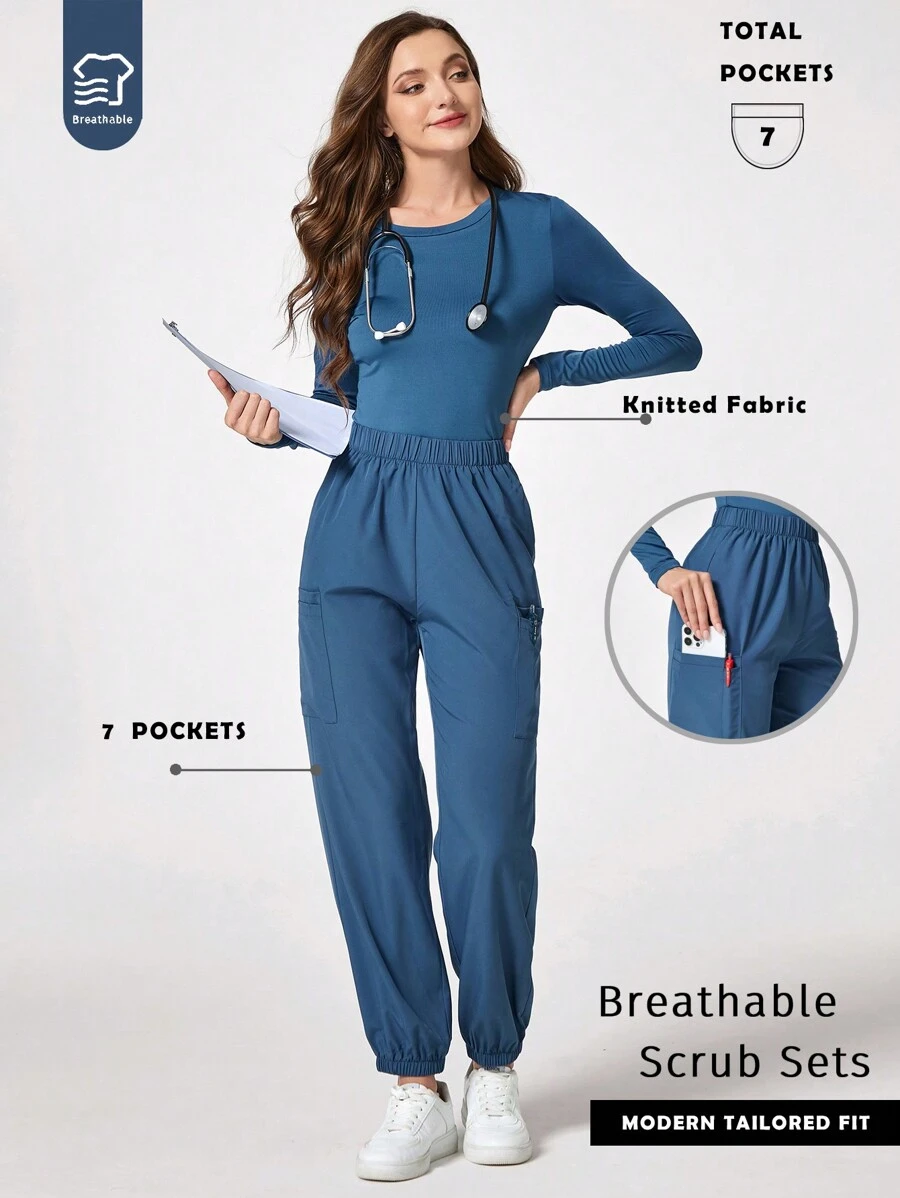 TaskEZ Set Seragam Wanita Minimalis Atasan dan Celana Saku Model Scrubs (baju terusan) Leher Bulat Lengan Panjang Warna Polos - Dusty Blue - View 1