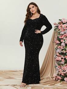 Elegant Plus-Size Evening Gown With Heart-Shaped Neckline & Long Sleeves | Curve-Hugging Mermaid Hem Dress For Formal Events | Luxurious Sparkling Embellishments, Structured Silhouette | Perfect For Galas, Black-Tie Weddings, Charity Fundraisers, Red Carpet Affairs, And High-End Dinner Parties,Party Dress,Wedding Guest - 黑色 - 查看 4