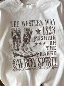 Attitoon Western Boot Print Fitted Round Neck Short Sleeve Women's T-Shirt, Summer, Cotton Blend