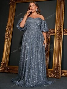 Luxurious Plus-Size Off-The-Shoulder Puff Sleeve A-Line Evening Gown | Sparkling Embellished Formal Dress For Grand Events – Perfect For Black Tie Galas, Red Carpet Evenings, Wedding Guest Attire, Opera Nights & Sophisticated Evening Dinners,Party Dress