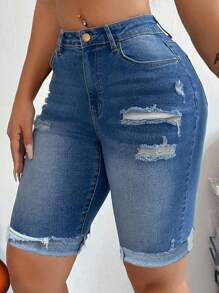 SHEIN SXY Denim-Shorts mit zerrissenem, ausgefranstem Saum - Blau - Übersicht 1