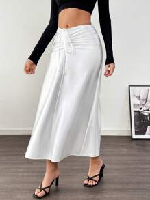 SHEIN Unity Women's Drawstring Pleated Casual Daily Wear Skirt Fall Cloth For Women - White - View 4