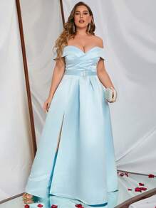 Plus Off Shoulder Split Thigh Belted Satin Dress - Baby Blue - View 1