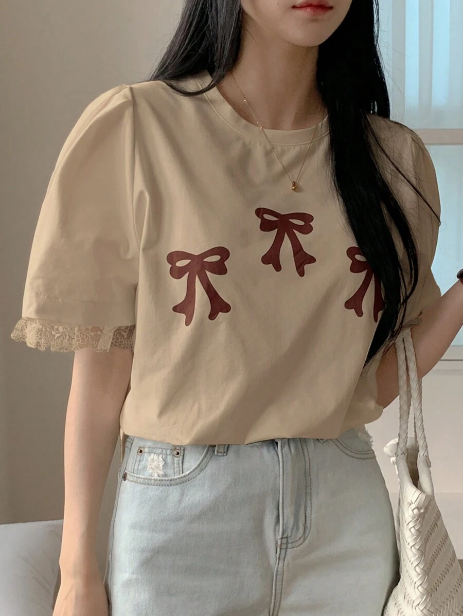 DAZY Women's Summer Bow Print Round Neck Puff Sleeve T-Shirt Cute Tops,Graphic Tees - Khaki - View 1