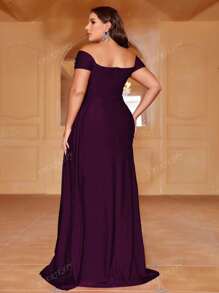 Plus Off Shoulder Draped Side Wrap Hem Dress Elegant Formal Evening Prom Wedding Guest Gown, For Graduation, Dinner Party Dress