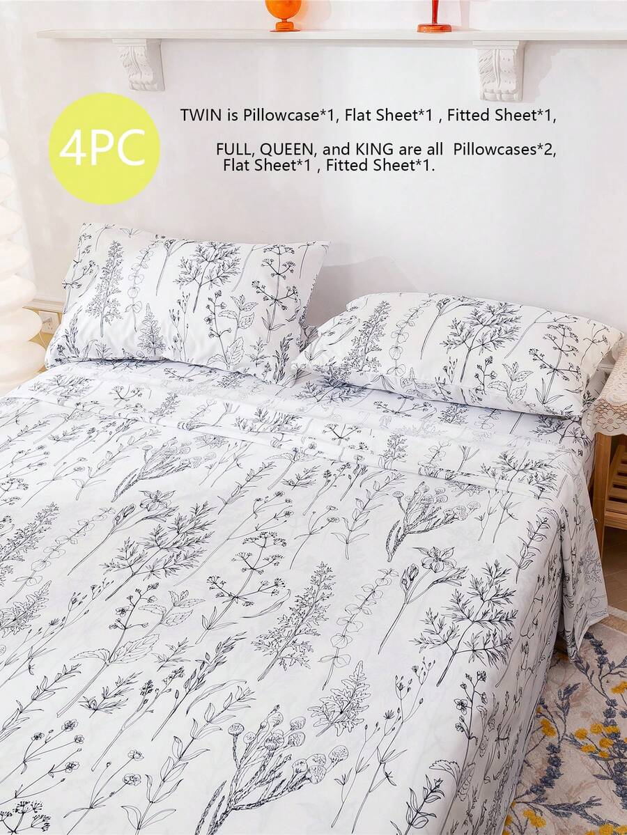 4 件装化纤印花白底黑枝床罩 4 件套头巾 40 厘米/16 英寸 - 彩色 - 查看 1