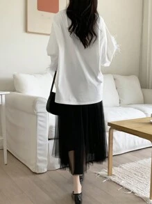 DAZY Women's Solid Color Crew Neck Drop Shoulder Long Sleeve Fluffy Cuff Casual T-Shirt, Spring & Summer